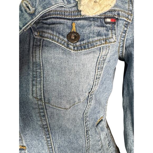 Y2K Tommy Jeans Womens Sherpa Denim Jacket Peace Sign Trucker Vtg Grunge Medium - Picture 7 of 11